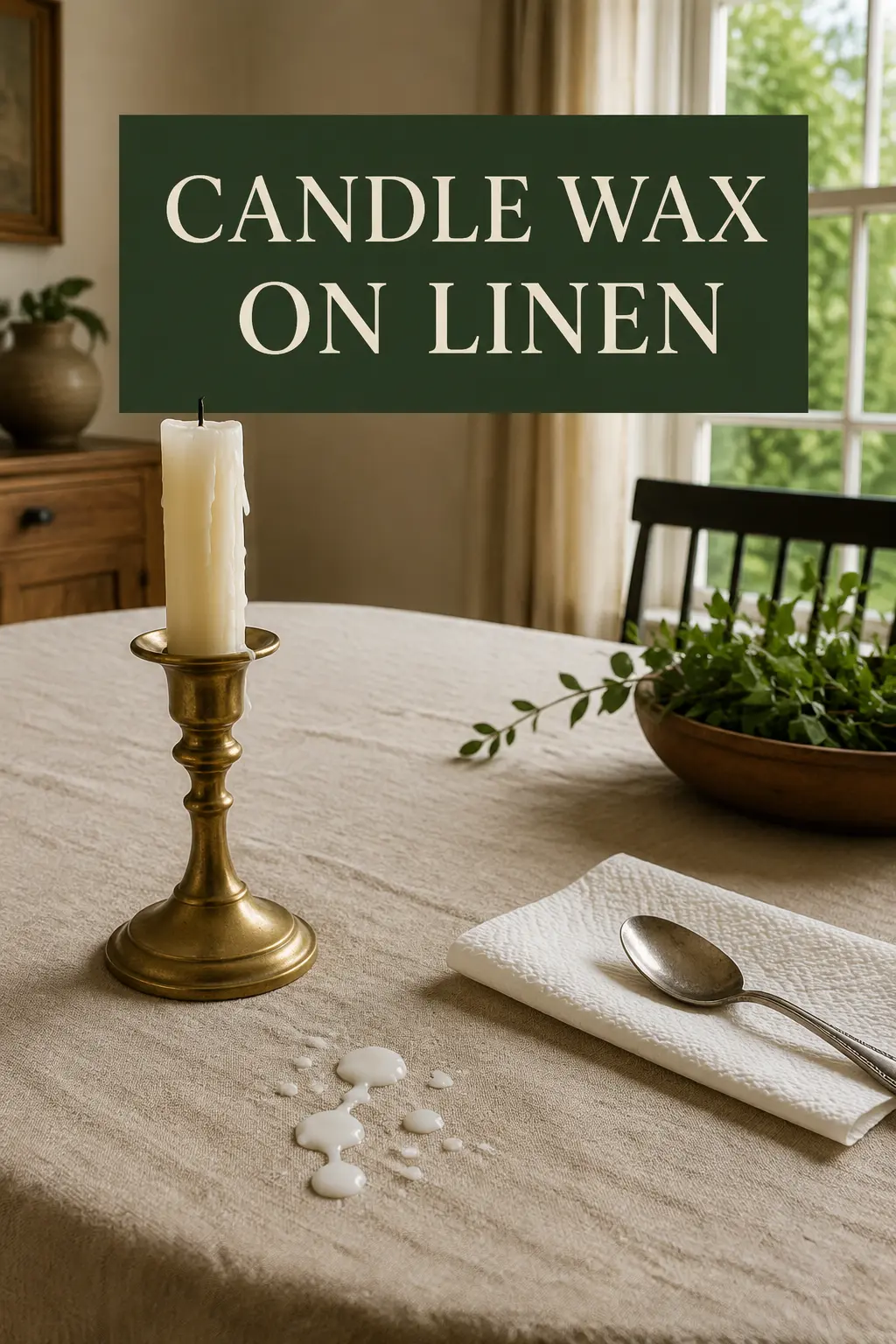 Ivory candle wax on a natural linen tablecloth in a warmly lit Western dining room