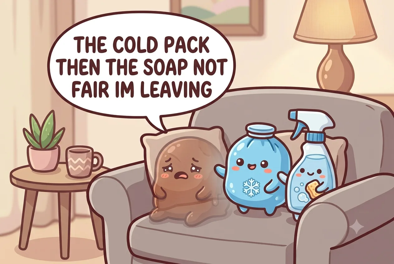 The chocolate character shrinking beside a cheerful cartoon ice pack and spray bottle