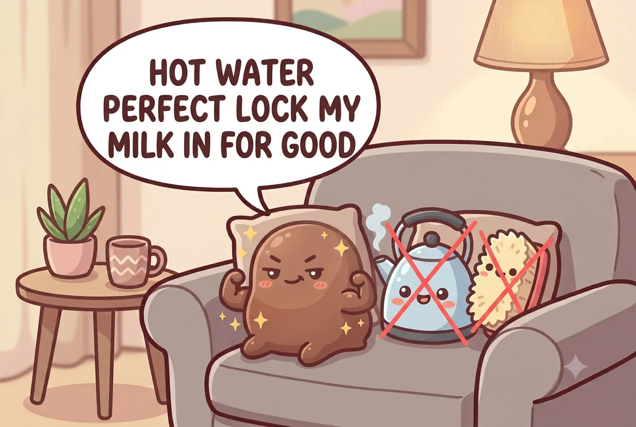 The chocolate character looking smug next to a crossed-out kettle of hot water and a stiff brush