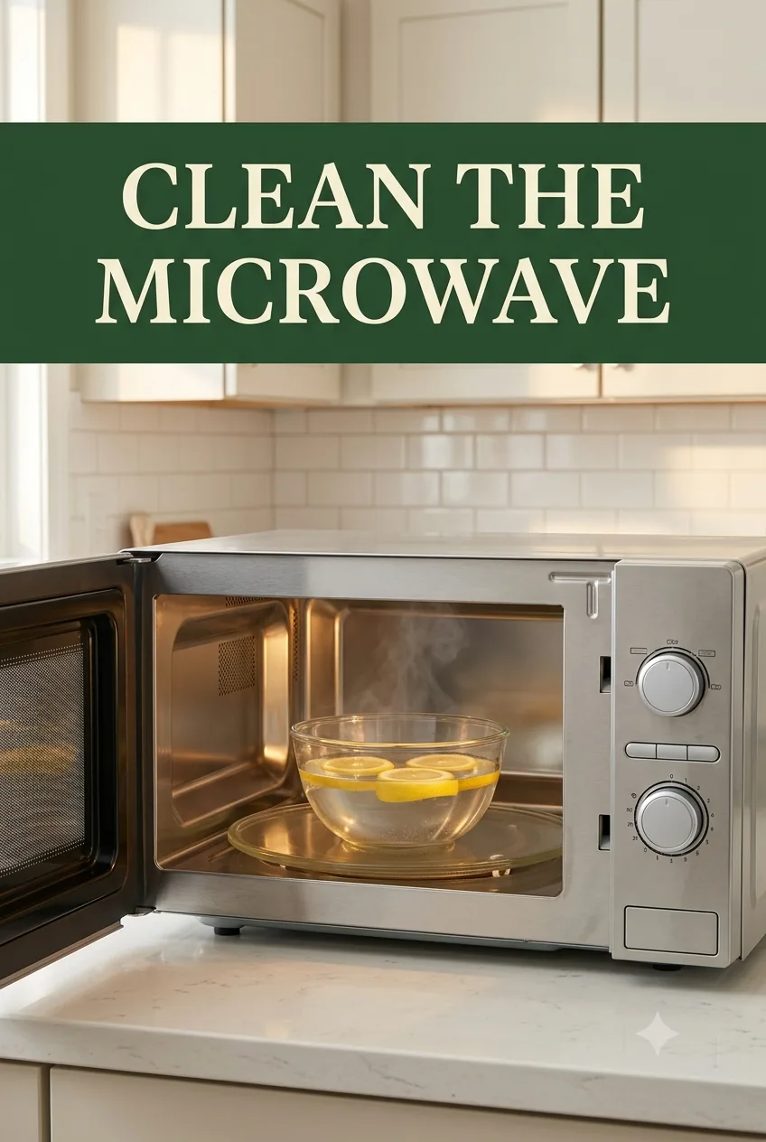 An open stainless countertop microwave with a bowl of lemon water steaming on the turntable in a North American kitchen
