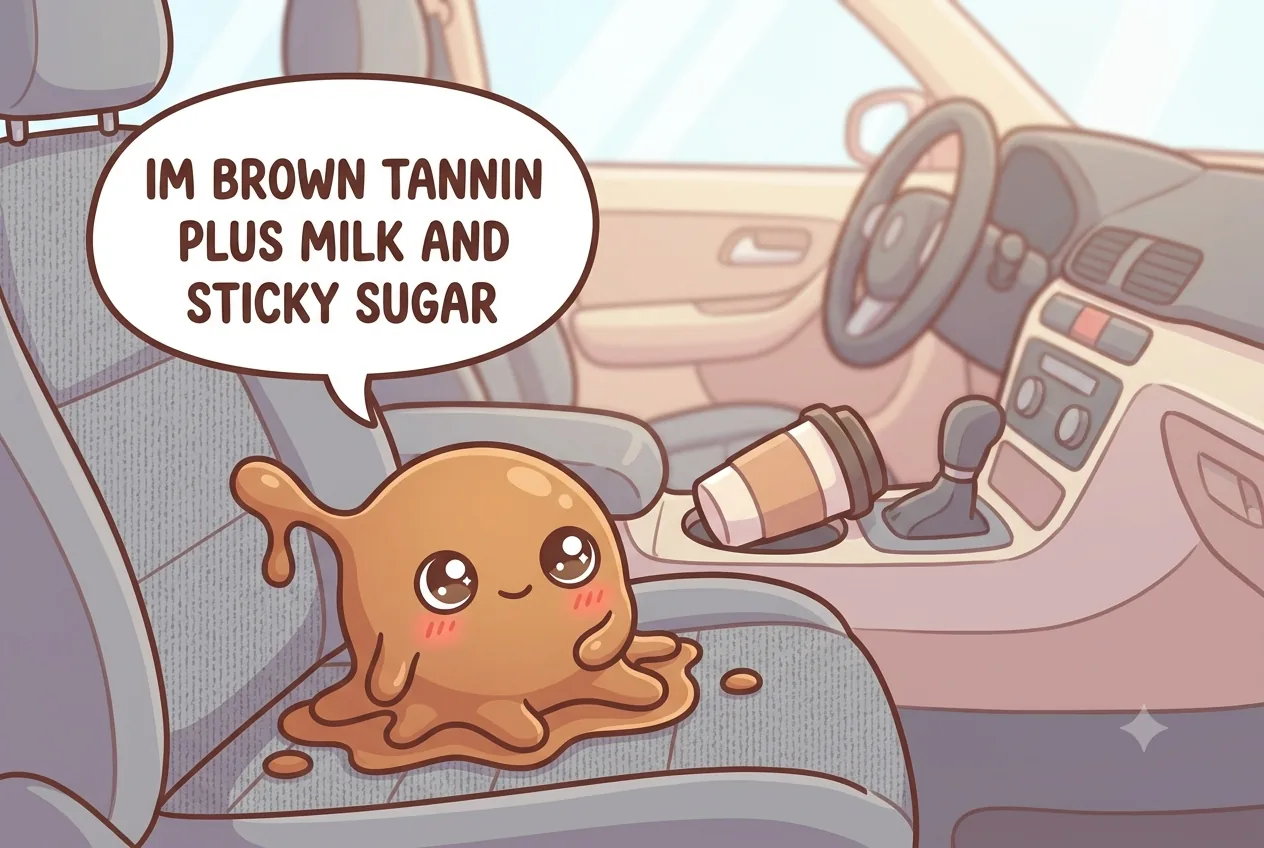 The cartoon coffee character explaining it is tannin plus milk and sugar