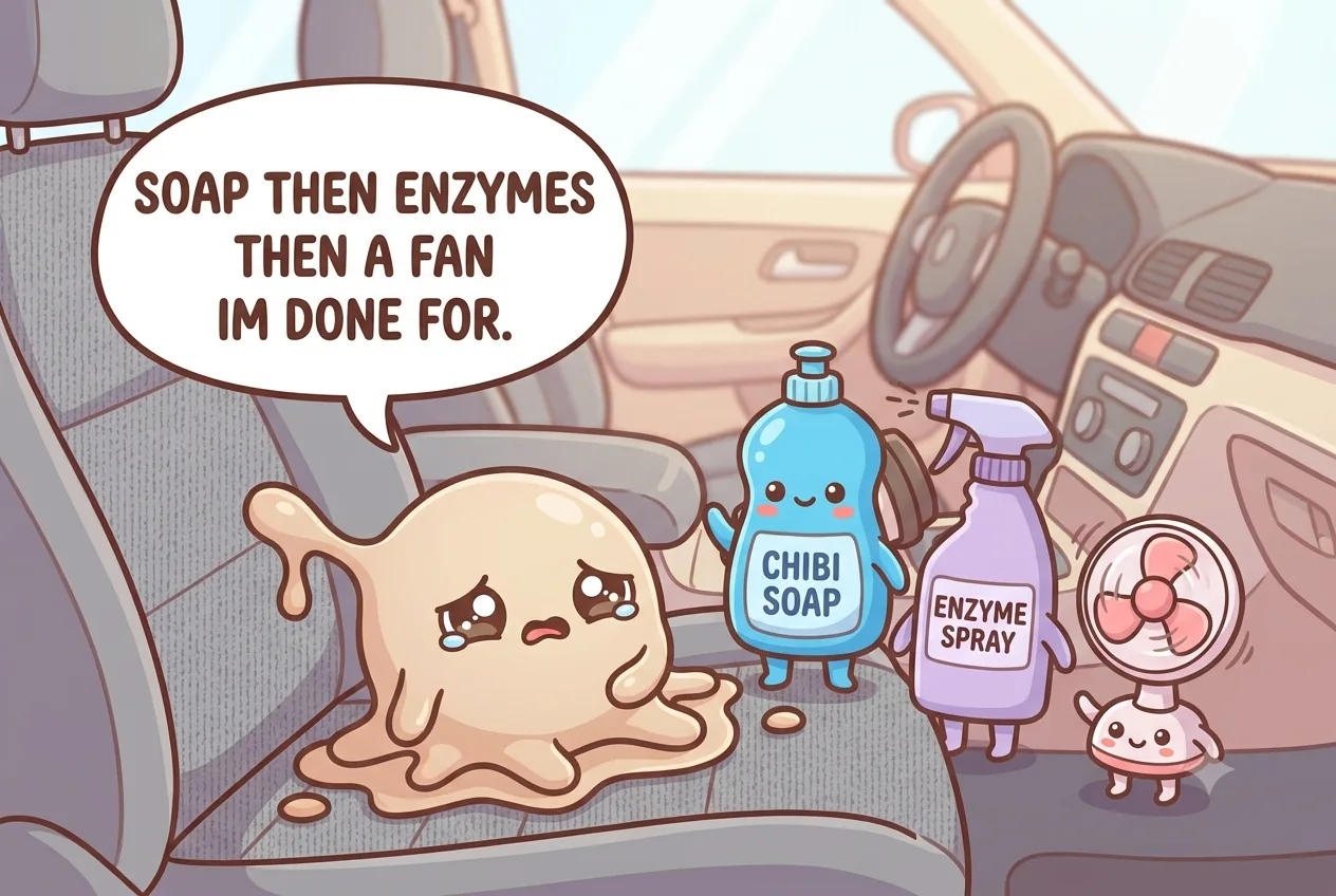 The coffee character shrinking beside a cheerful cartoon dish-soap bottle, enzyme spray, and a fan