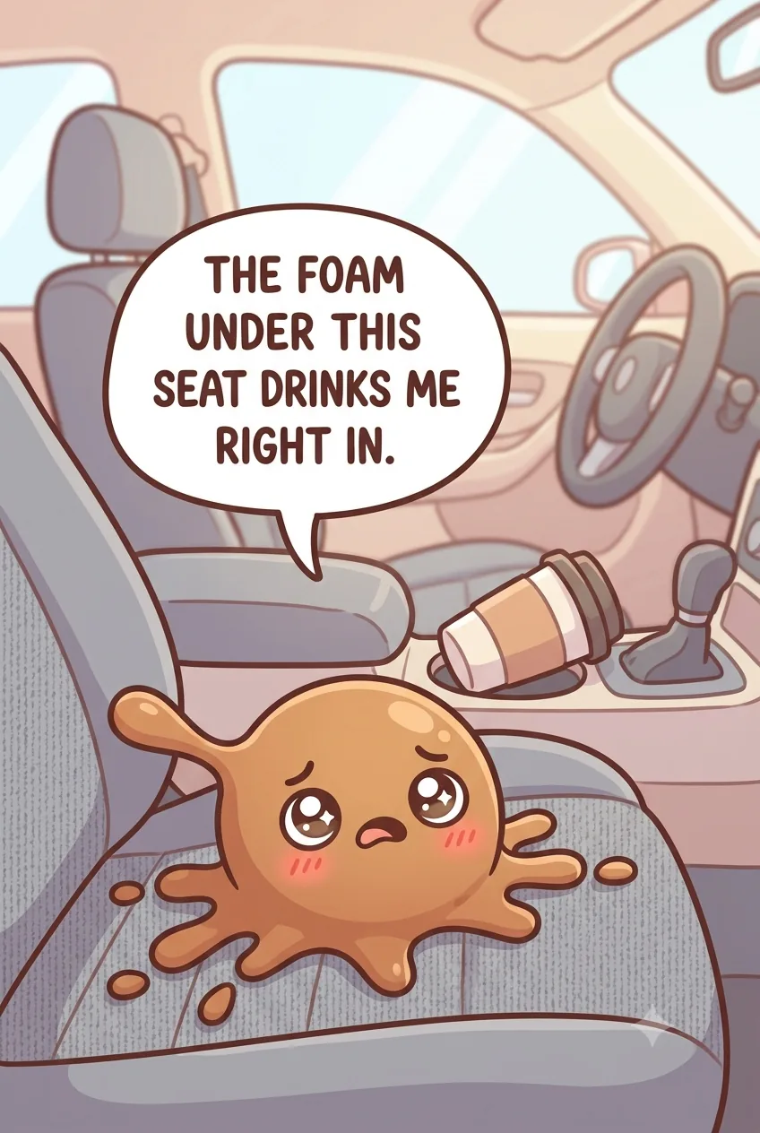 A cute cartoon brown coffee-splash character sitting on a grey cloth car seat in a chibi car interior