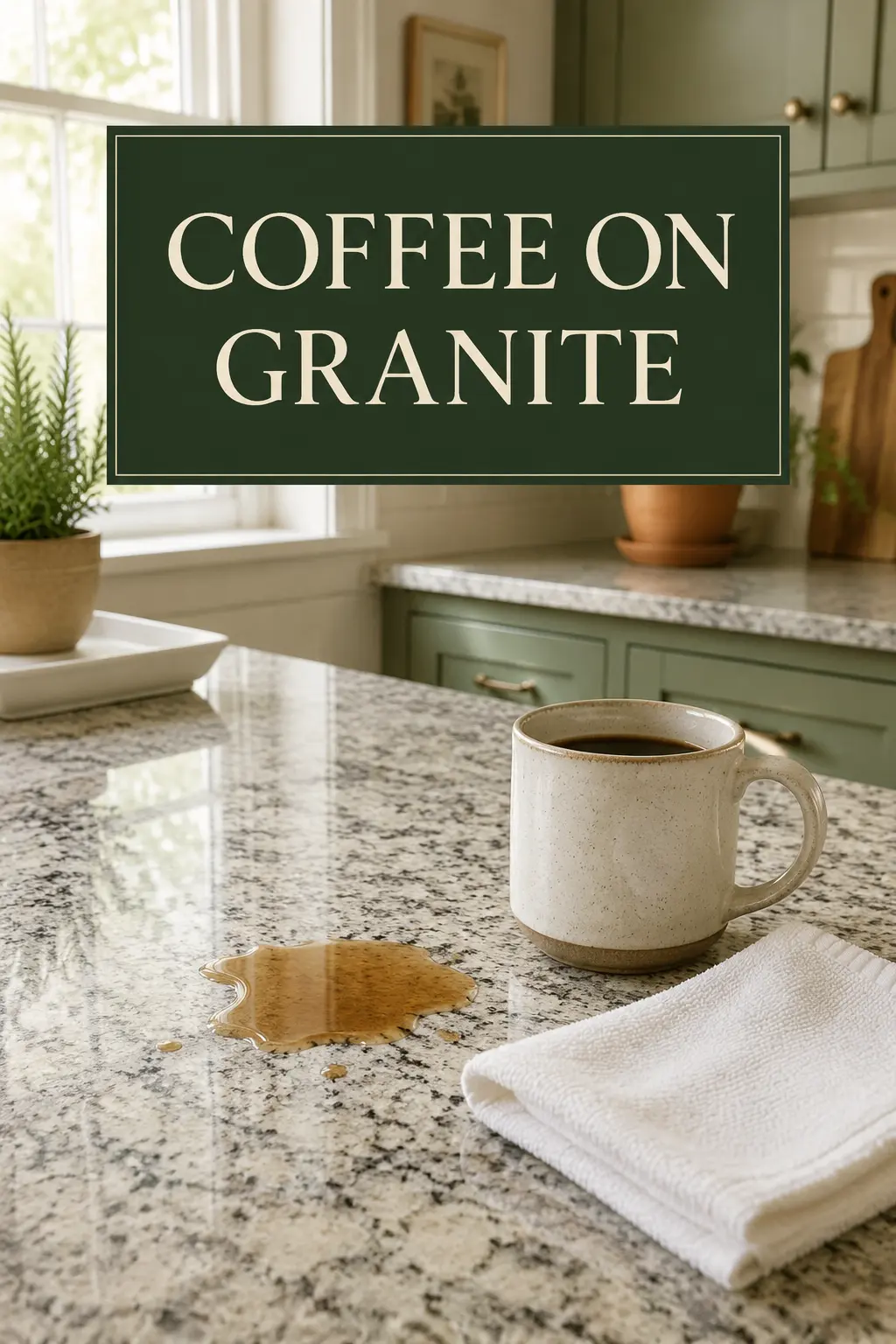 A coffee spill being blotted on a polished granite countertop in a bright American kitchen