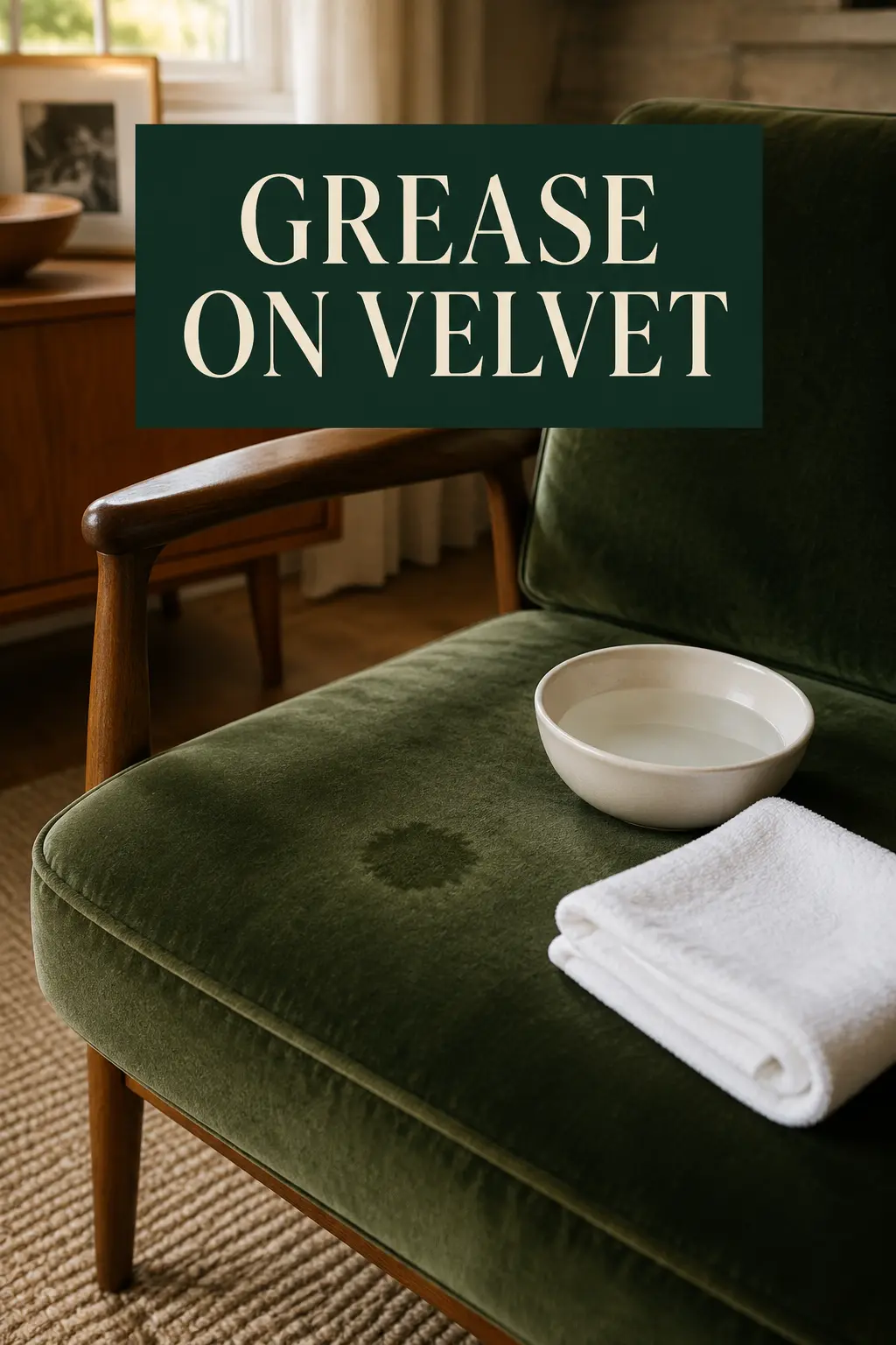 A small cooking grease spot being blotted from green velvet upholstery in an American living room