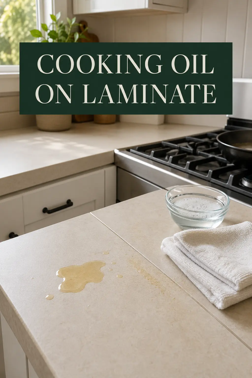 A small cooking-oil spill on a light laminate countertop in a warm American kitchen