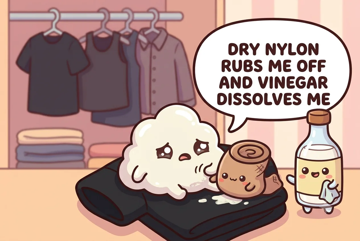The deodorant character shrinking as a nylon stocking rubs it away beside a bottle of white vinegar