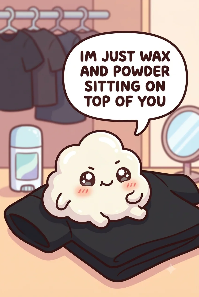 A cute cartoon white deodorant-smear character on the underarm of a folded black shirt in a chibi closet