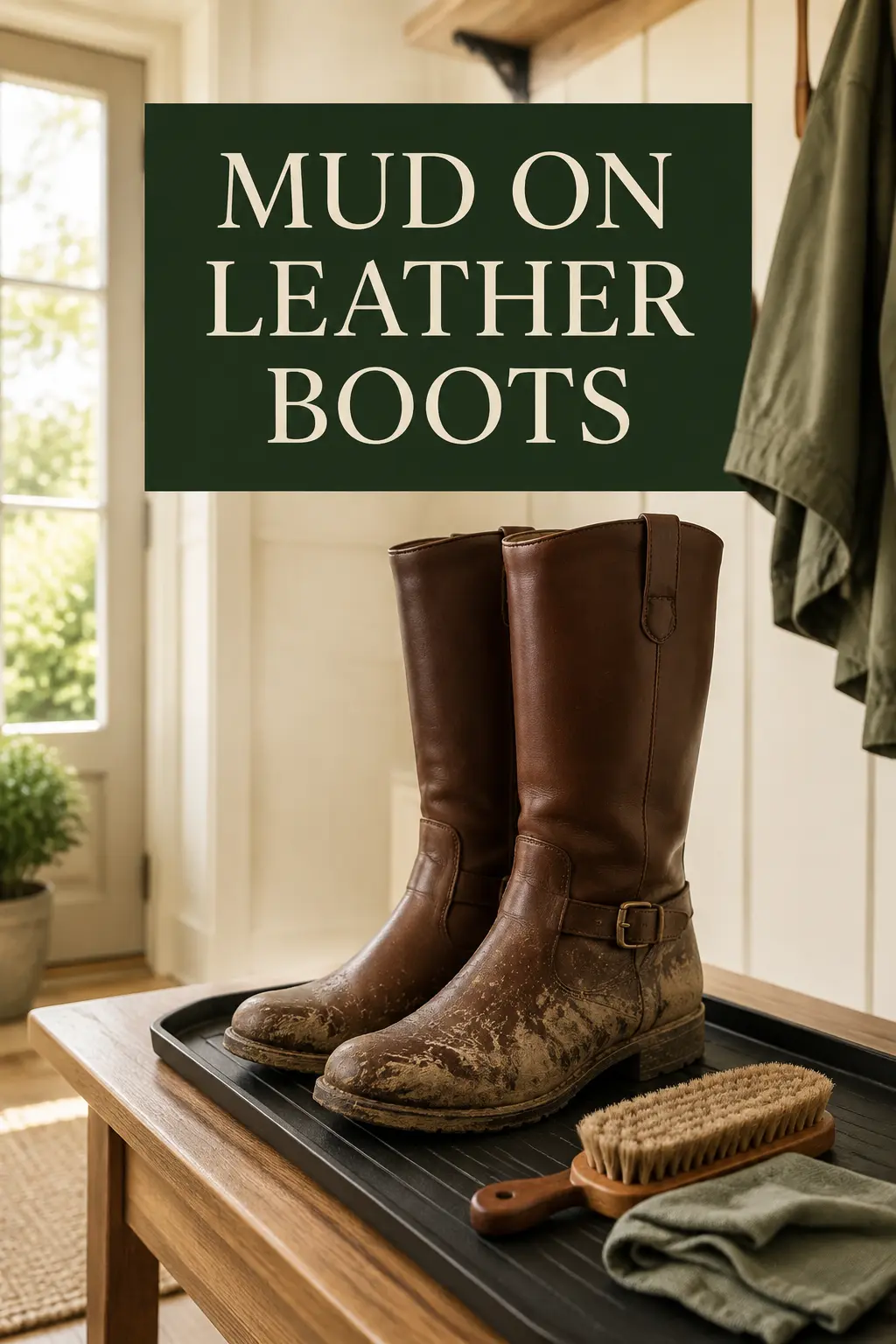 Brown smooth leather boots with dried mud beside a cleaning brush in an American mudroom