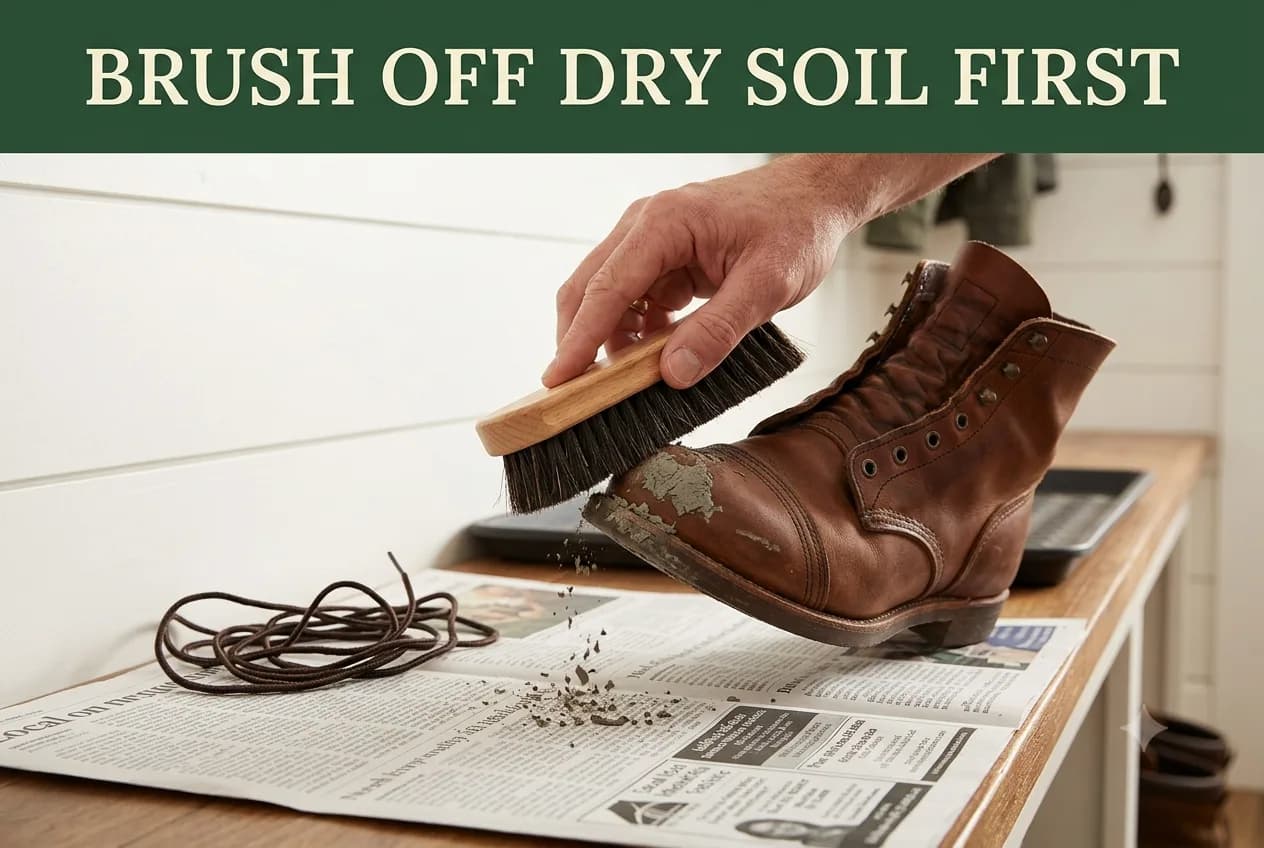 A hand brushing dried mud off a leather boot toe with a soft brush over newspaper