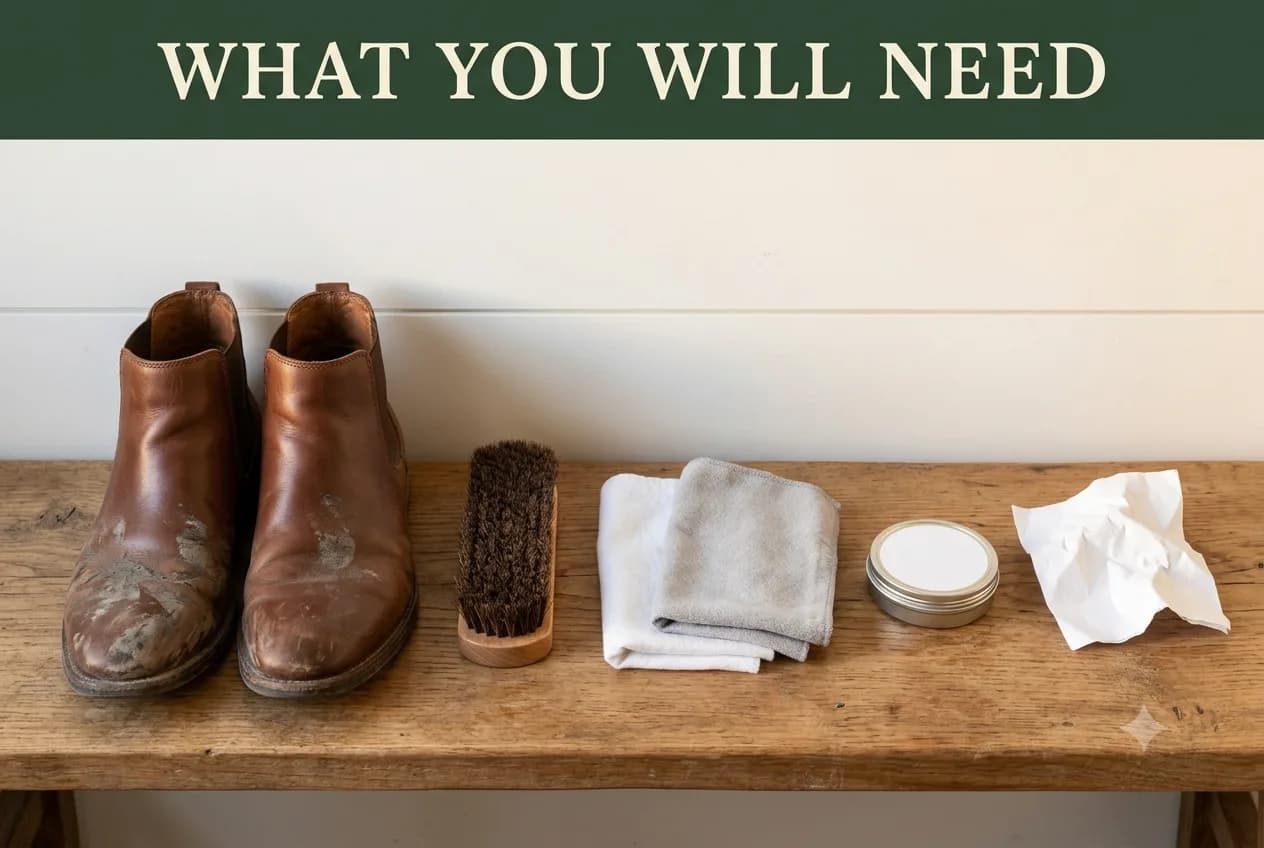 Muddy leather boots beside a horsehair shoe brush, soft cloths and a tin of leather conditioner