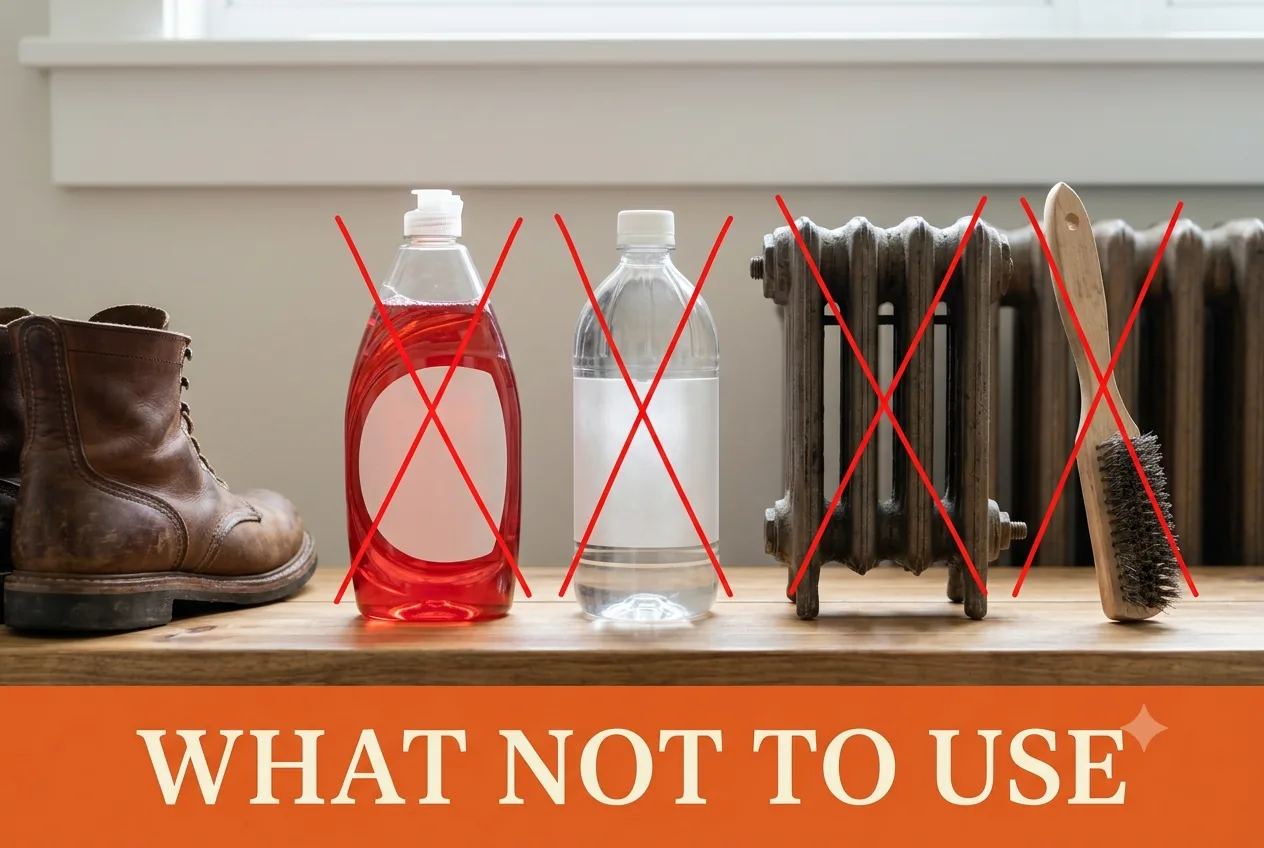 Dish soap, vinegar, a hot radiator and a wire brush marked with red X beside a leather boot
