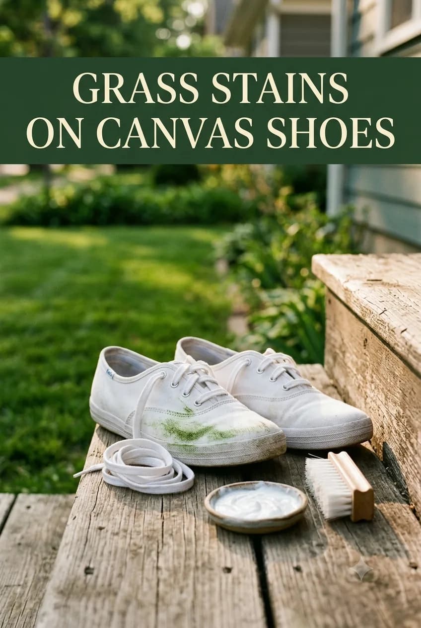 White canvas sneakers with a green grass smudge on a weathered wood porch bench, laces removed beside a brush and paste