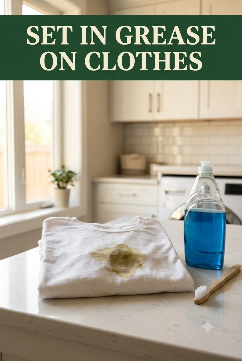 A folded white t-shirt with a translucent set-in grease stain on a warm laundry-room counter