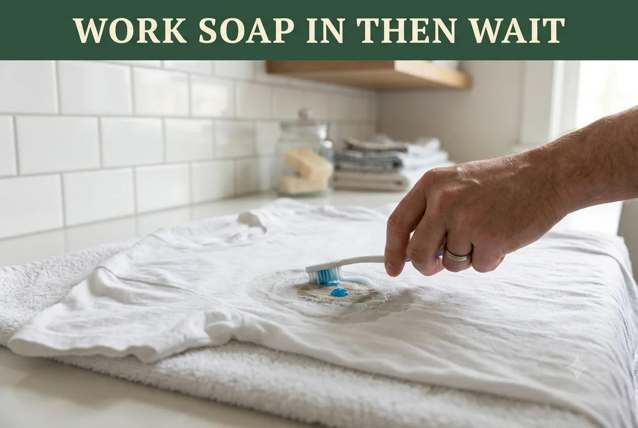 A hand working dish soap into a grease stain on white cotton with a soft toothbrush on a folded towel