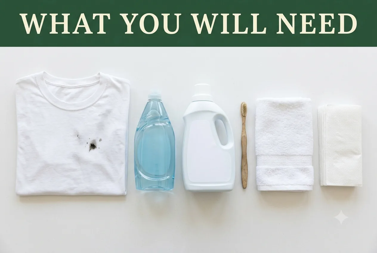 A stained white shirt, liquid dish soap, heavy-duty detergent, a soft toothbrush, a white towel and paper towels