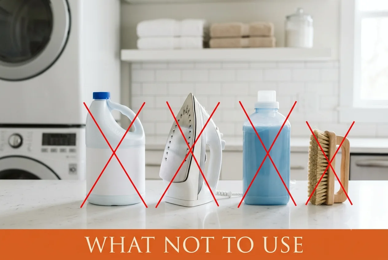 A hot iron, a bar of soap, a chlorine bleach jug and a stiff brush marked with red X
