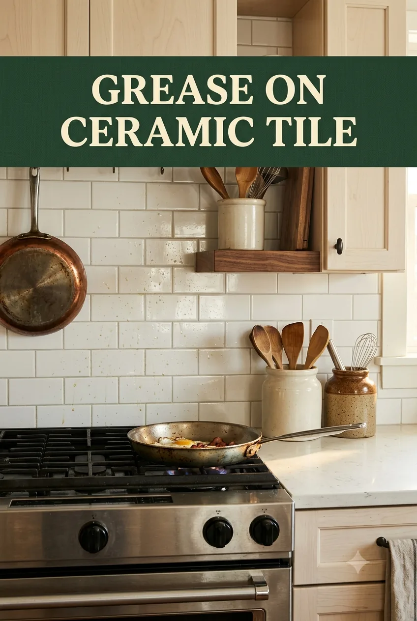 Grease splatter on a glazed white subway-tile backsplash behind a range in a North American kitchen