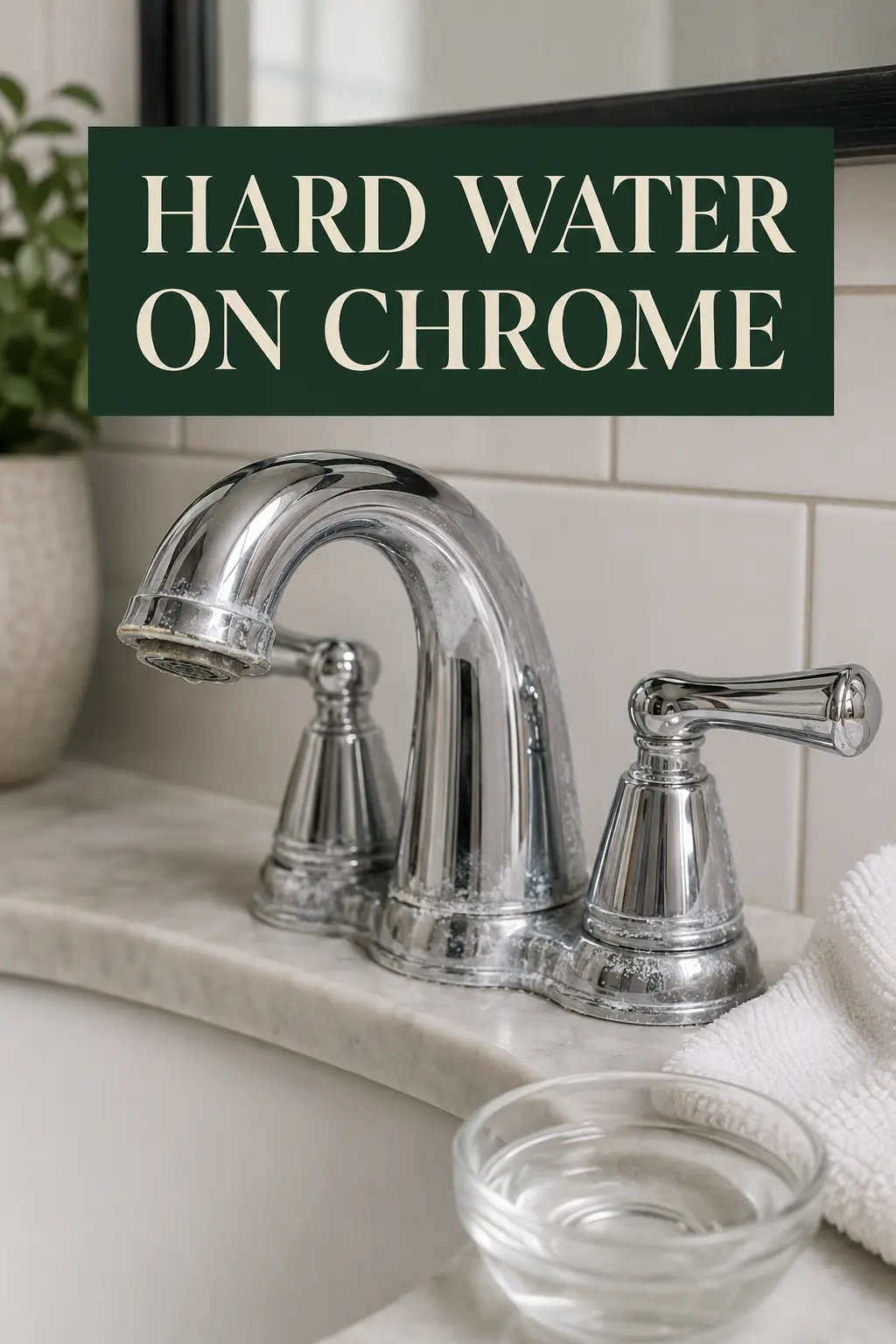 Chalky hard-water deposits on a polished chrome faucet in an American bathroom