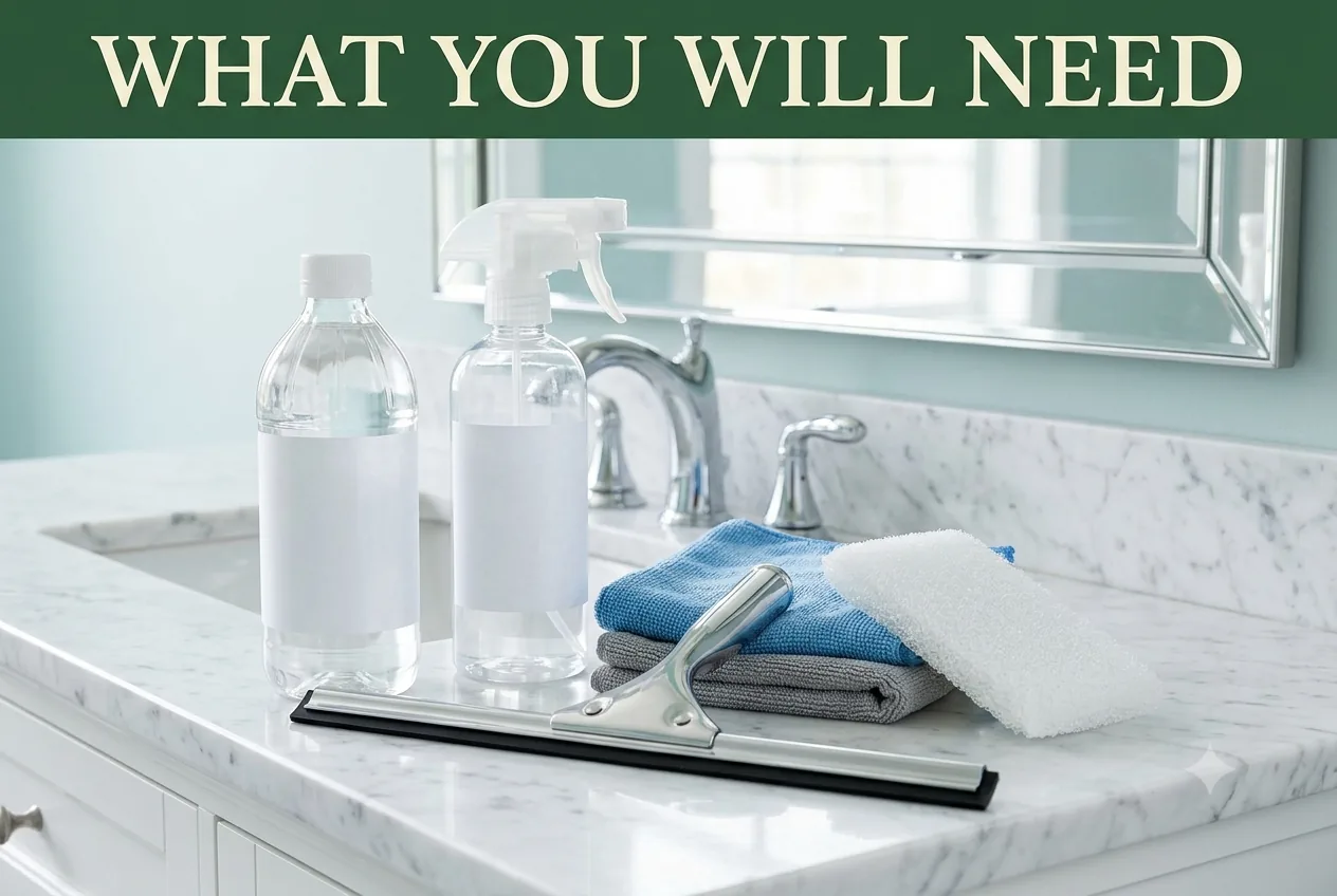 White vinegar, a spray bottle, a non-scratch pad, folded microfiber cloths and a squeegee on a marble vanity