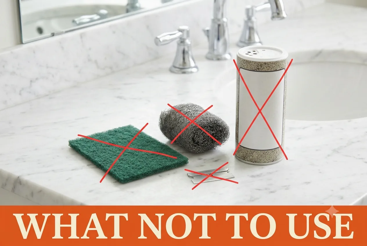 A green scouring pad, steel wool, a razor blade and a canister of scouring powder marked with red X