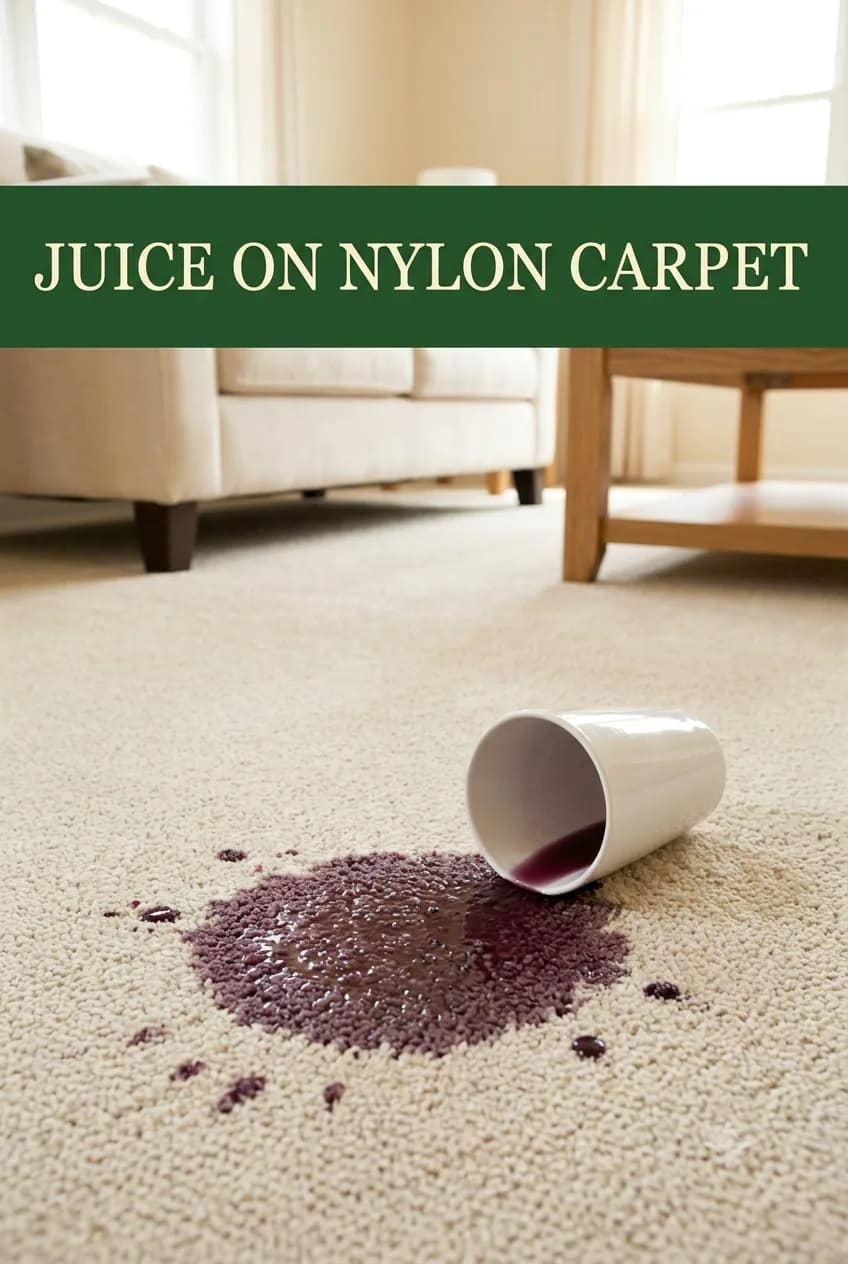 A tipped cup and a dark purple grape-juice spill soaking into pale beige nylon carpet in a North American living room
