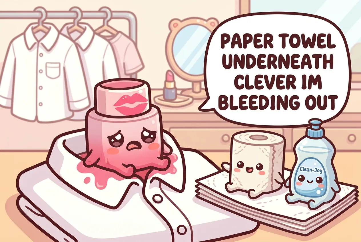 The lipstick character fading onto paper towels beside a cheerful cartoon dish-soap bottle