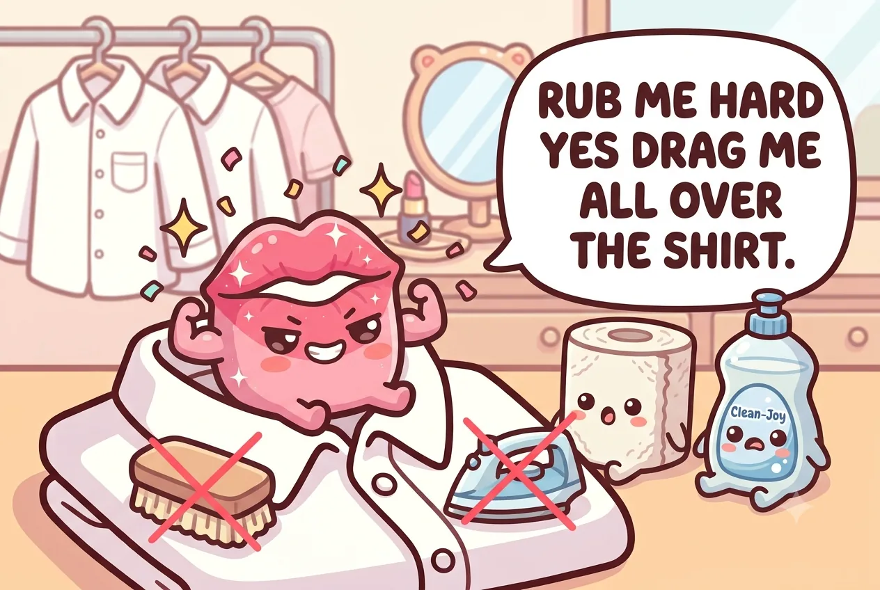 The lipstick character looking smug next to a crossed-out stiff brush and hot iron