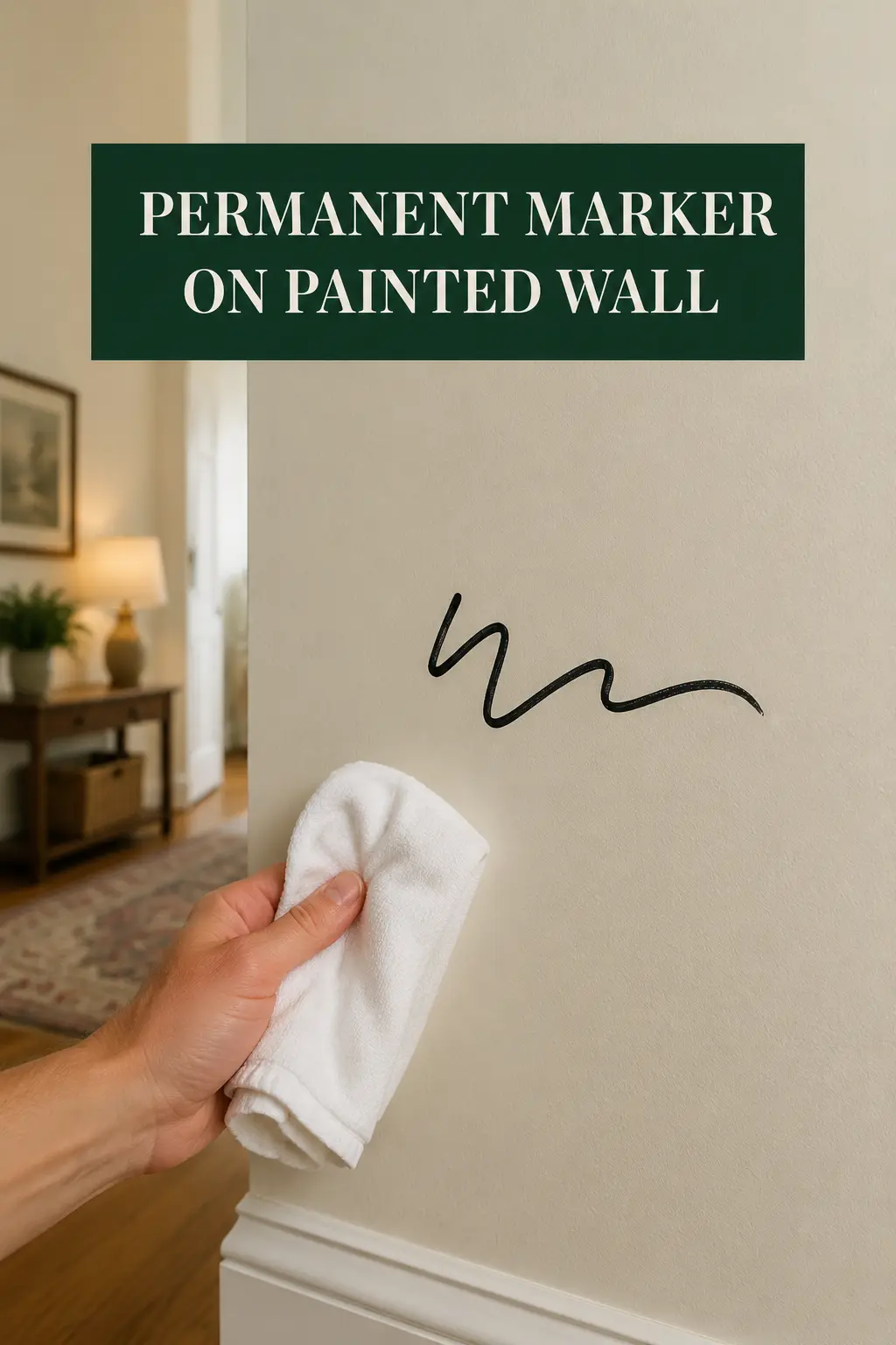 A bold black permanent-marker line on a pale painted wall in a warm American family room