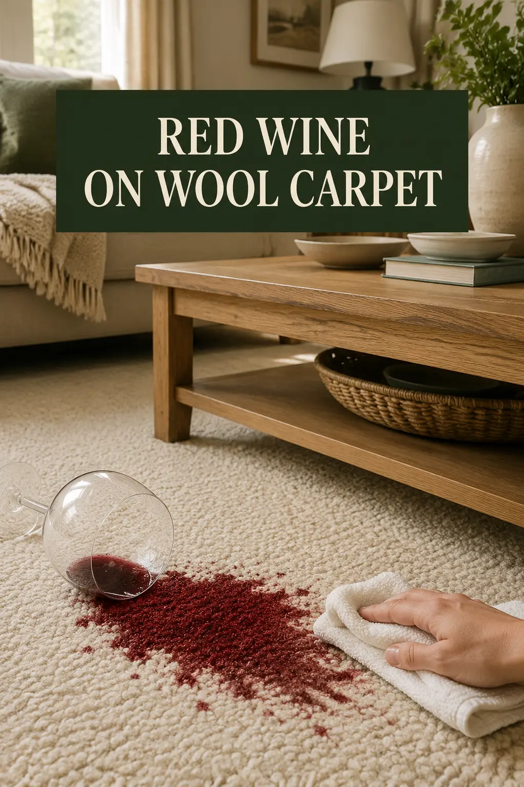 A red wine spill being blotted from cream wool carpet in a warm American living room