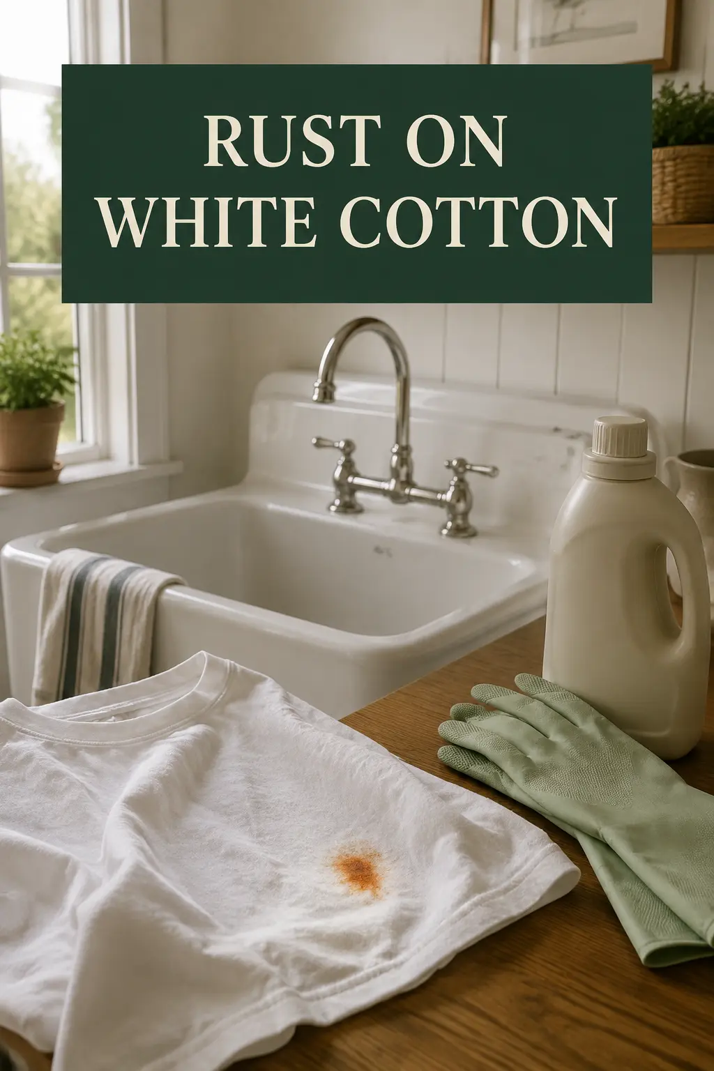 A small orange rust stain on white cotton fabric beside a laundry sink in an American home