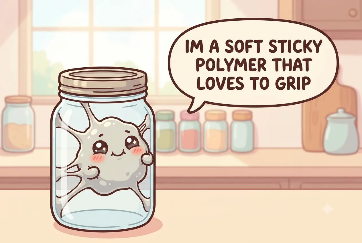 The cartoon sticker-residue character explaining it is a soft sticky polymer that loves to grip