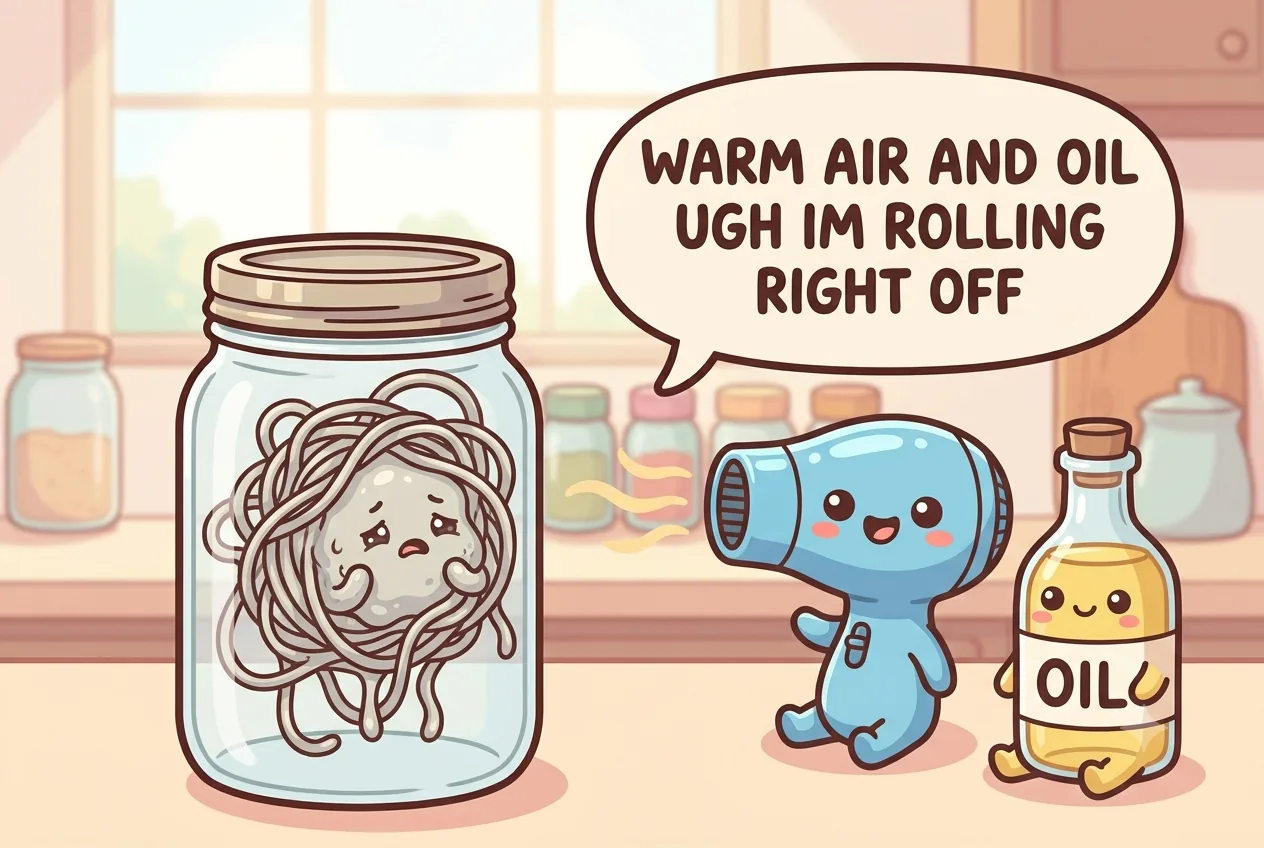 The sticker-residue character rolling up beside a cheerful cartoon hair dryer and oil bottle