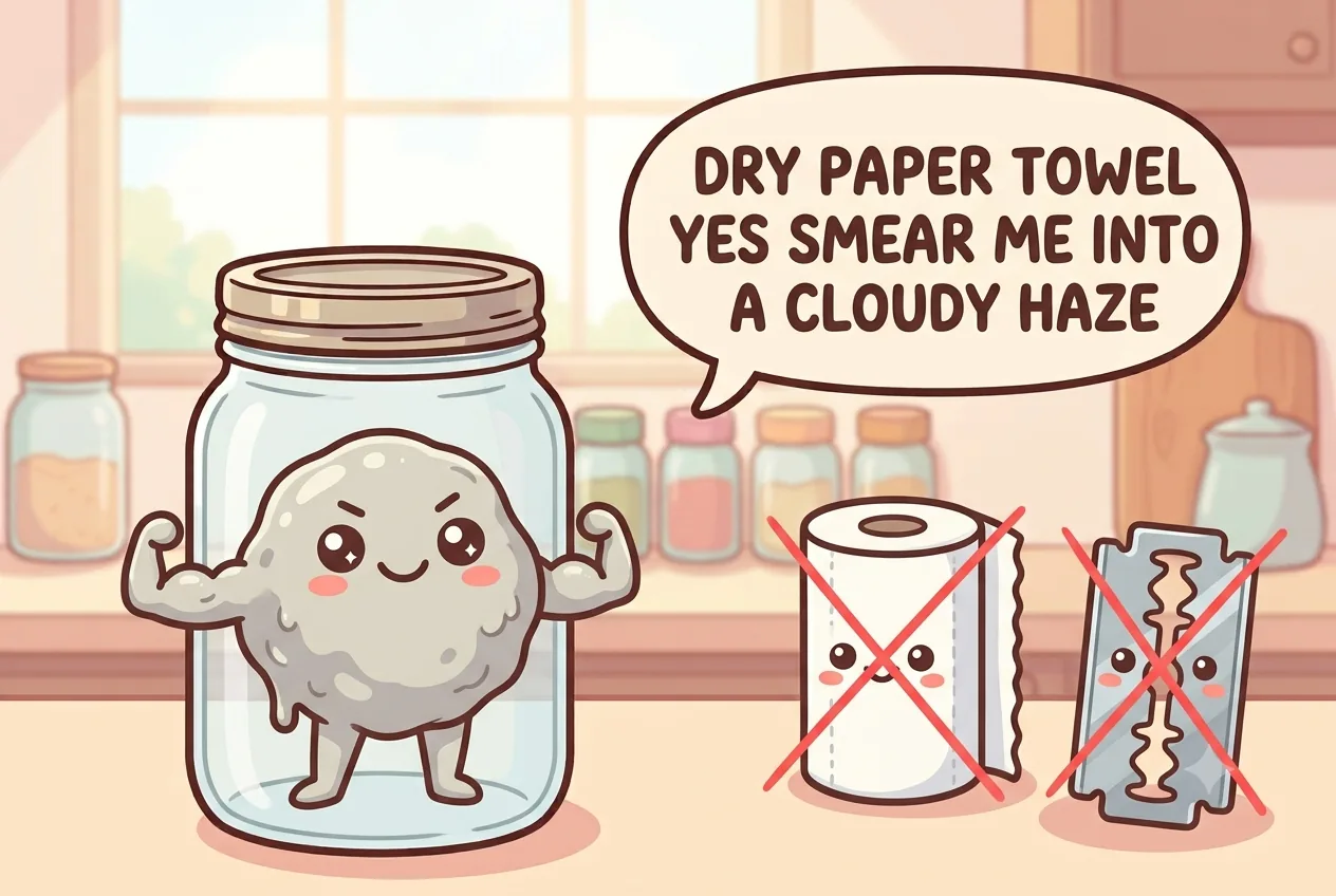 The sticker-residue character looking smug next to a crossed-out dry paper towel and razor blade