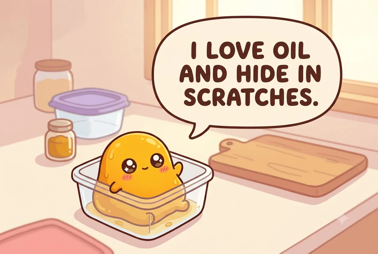 The cartoon turmeric character explaining it loves oil and hides in scratches