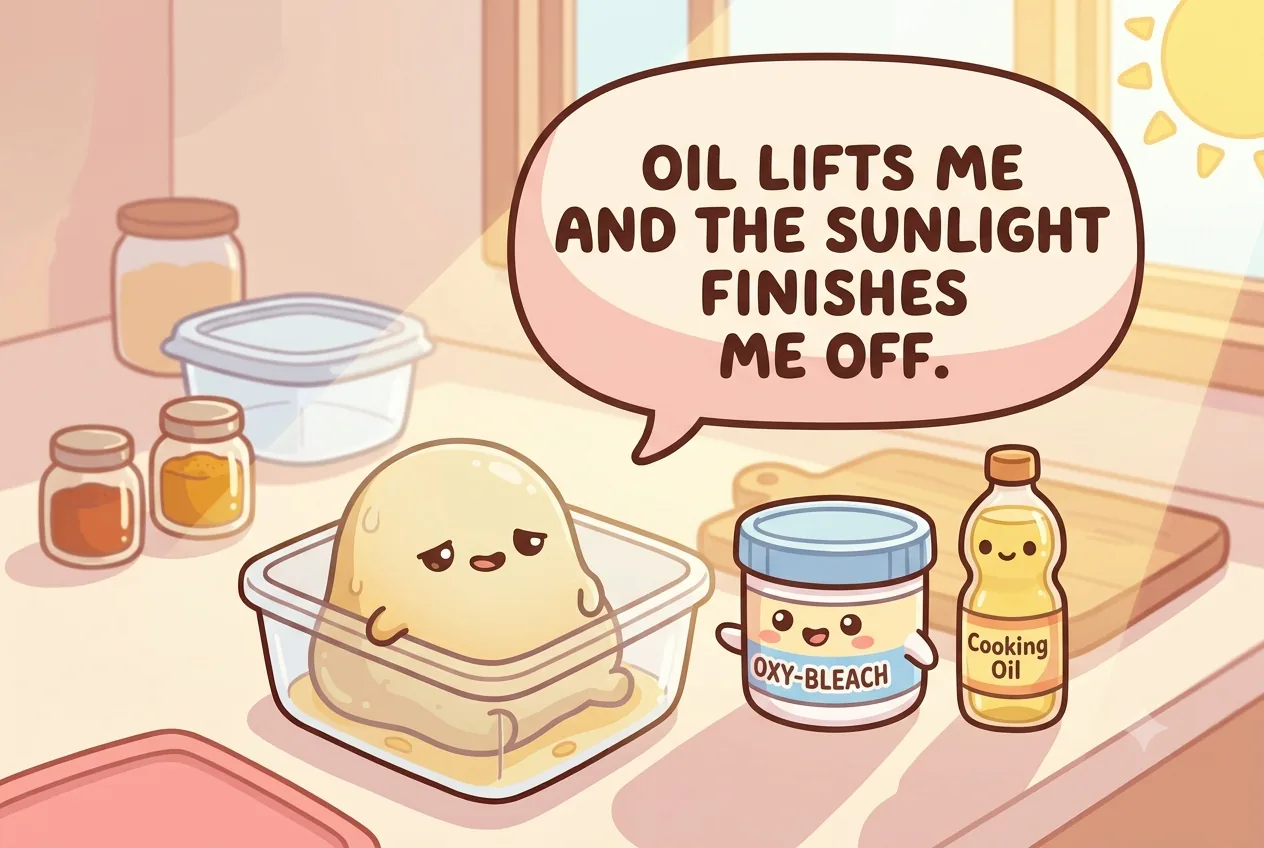The turmeric character fading in sunlight beside a cheerful cartoon oxygen-bleach tub and a bottle of oil
