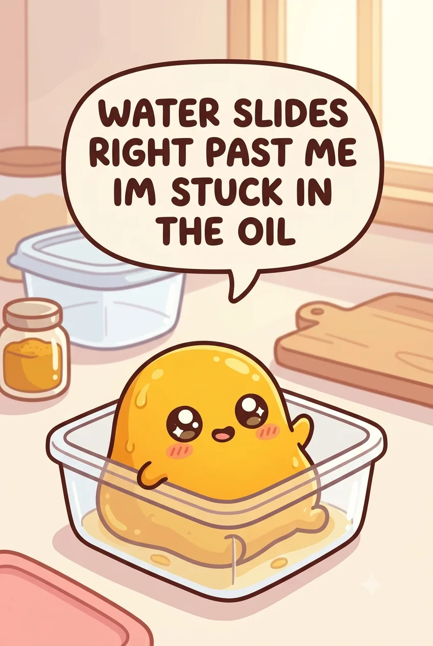 A cute cartoon bright-yellow turmeric splotch character sitting inside a clear plastic food container in a chibi kitchen