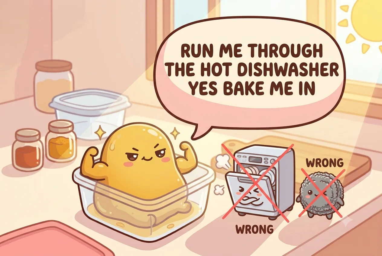 The turmeric character looking smug next to a crossed-out dishwasher and a pad of steel wool