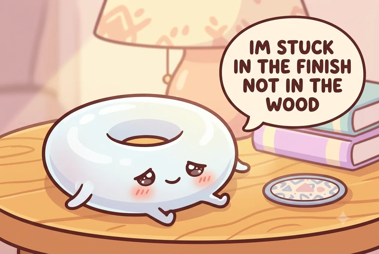 The cartoon water-ring character explaining it is stuck in the finish, not in the wood