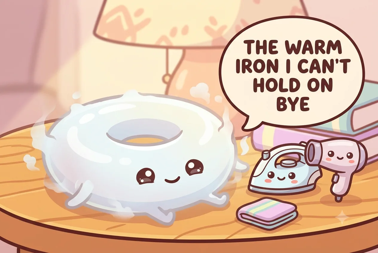 The water-ring character evaporating beside a cheerful cartoon iron and hair dryer