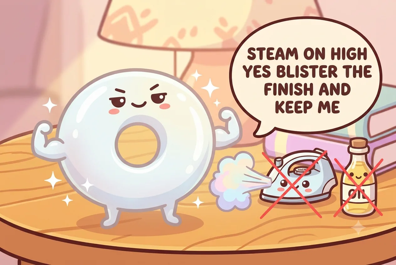 The water-ring character looking smug next to a crossed-out high-steam iron and oil bottle