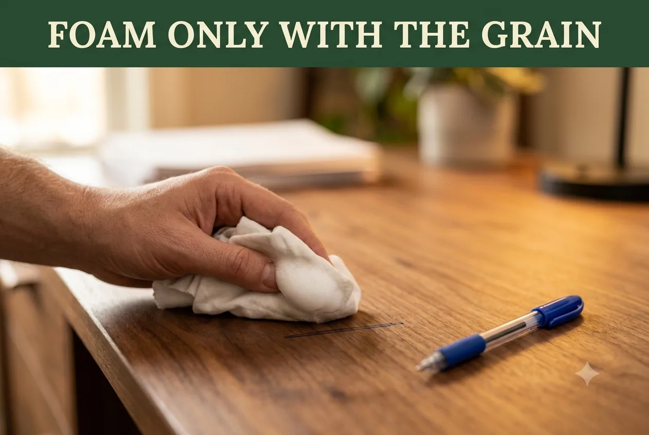 A hand wiping a small blue ink mark on a walnut desk with a soft cloth carrying soap foam
