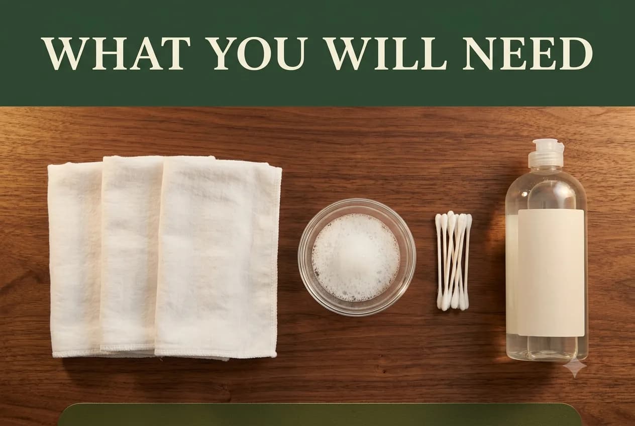 Soft cloths, a bowl of soap foam, cotton swabs and mild dish soap on a walnut desk