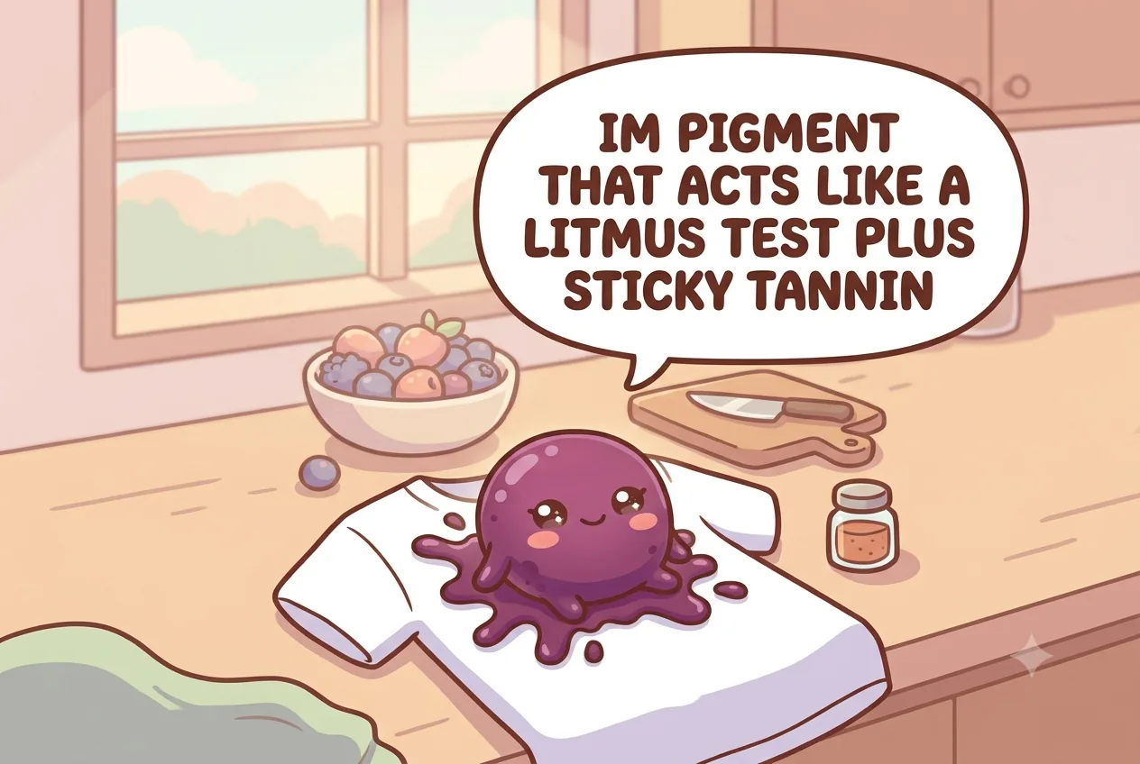 The cartoon berry-juice character explaining it is anthocyanin pigment that changes color with pH plus tannin
