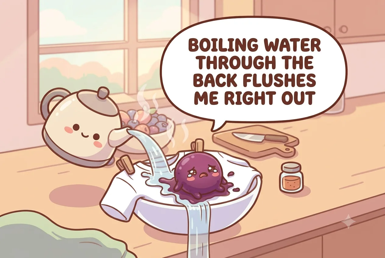 The berry-juice character washing away as boiling water pours through a shirt stretched over a bowl