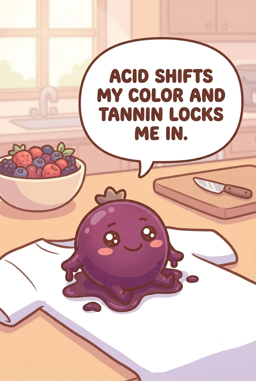 A cute cartoon purple berry-juice splash character on a white t-shirt in a chibi kitchen scene