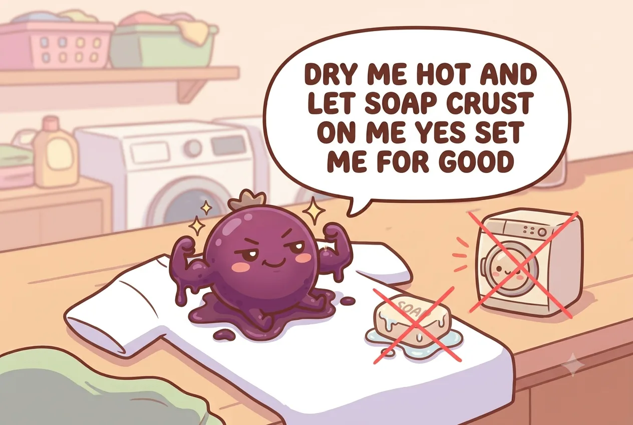 The berry-juice character looking smug next to a crossed-out hot dryer and a bar of soap left sitting