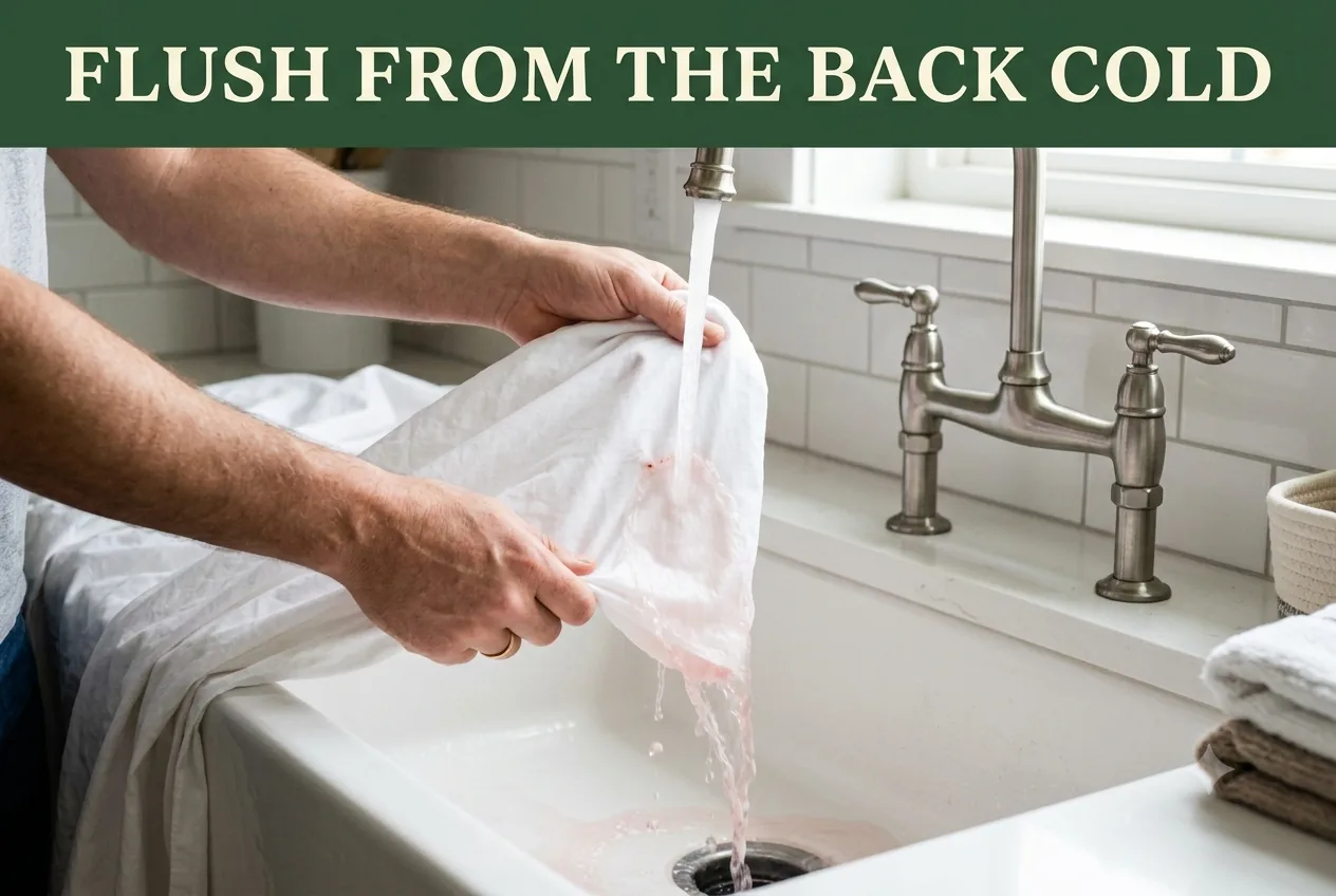 Hands holding white cotton sheet under cold running water at an apron-front sink, flushing a stain from the back
