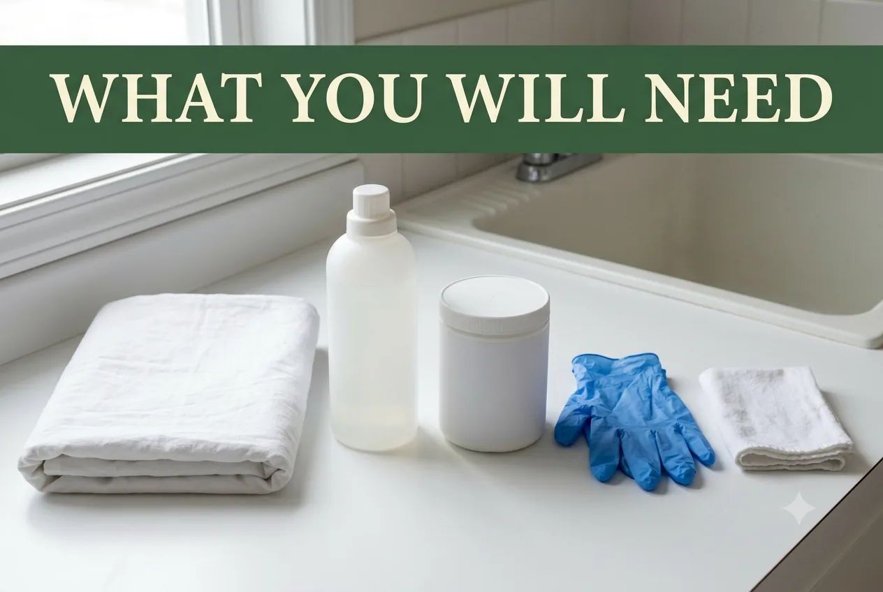 A white cotton sheet, liquid laundry detergent, enzyme presoak, disposable gloves and a cloth by a laundry sink