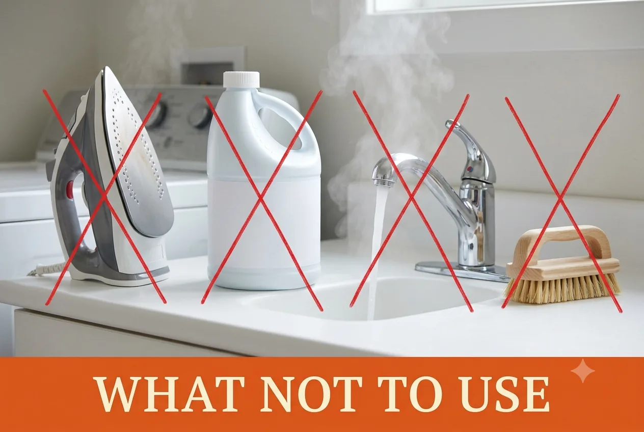 A hot iron, a bleach jug, a hot-water faucet and a stiff brush marked with red X